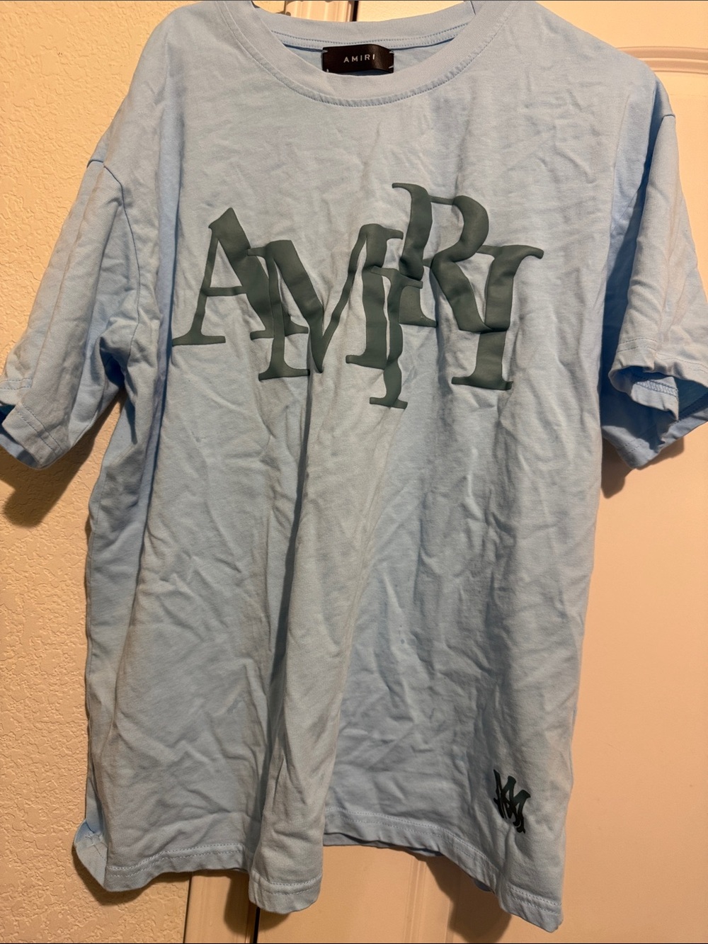 AMIRI Light Blue Short-Sleeve Logo Tee with Dark Green Print
